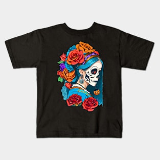 Sugar Skull Halloween. Girl with a Pearl Earring Kids T-Shirt